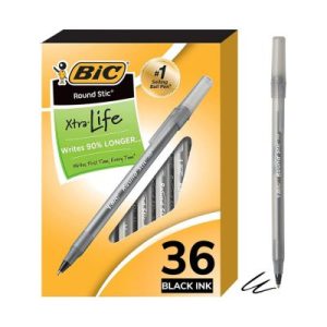 BIC Round Stic Xtra Life Ball Point Pen, Black, 36 Pack